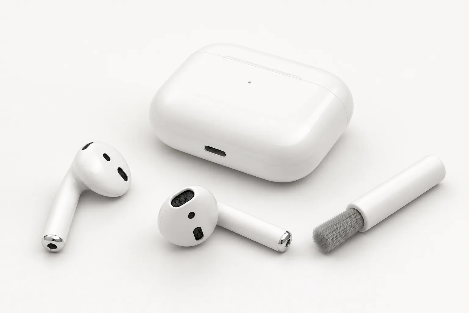 Ilustrație cu AirPods, carcasă și o perie moale de curățare