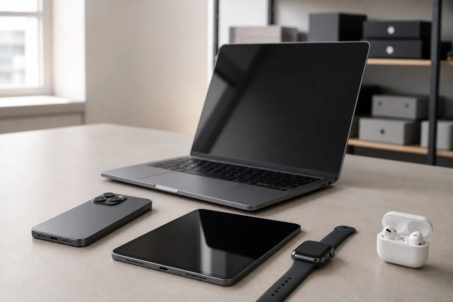 Ilustrație cu un iPhone, MacBook, iPad, Apple Watch și AirPods pentru o echipă