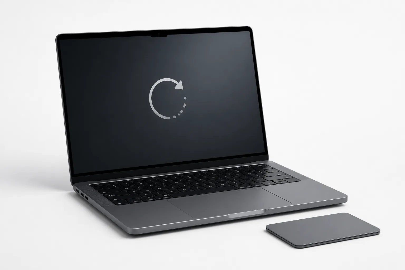 Ilustrație cu un MacBook și simbol discret de repornire