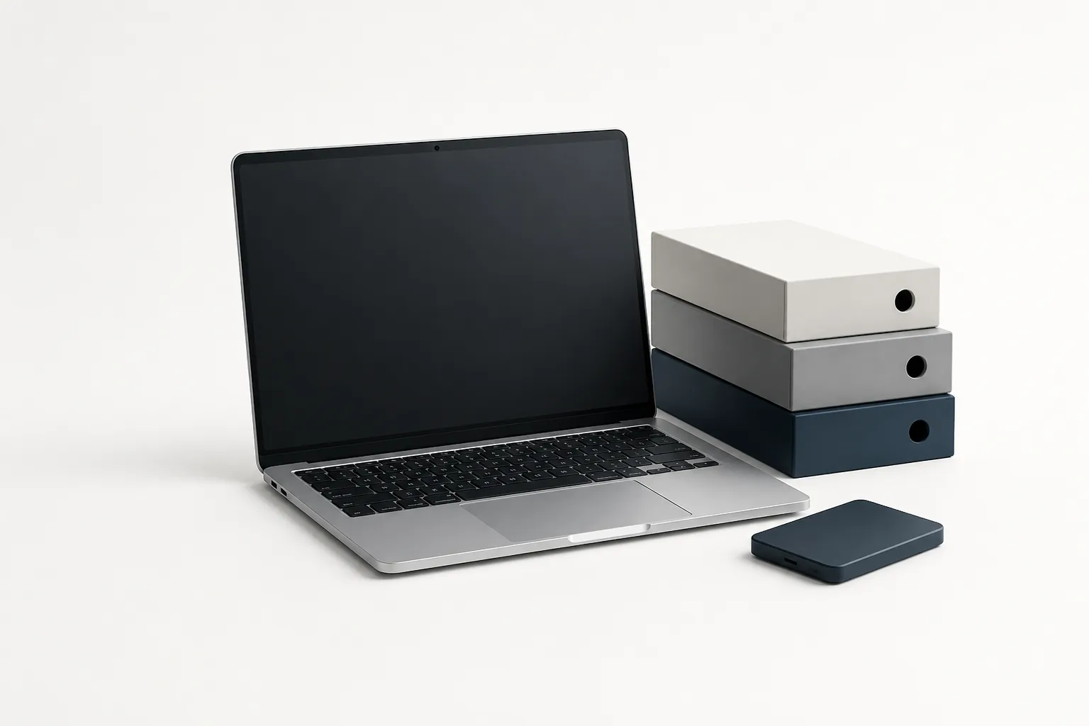 Ilustrație cu un MacBook și spațiu de stocare extern organizat