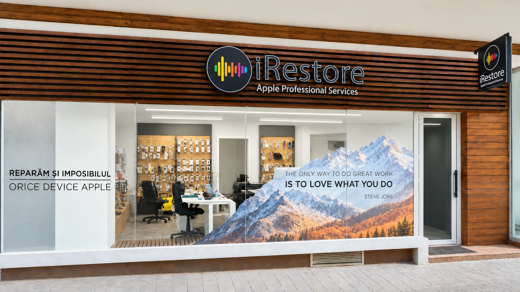 Fațada reală iRestore din București, cu atelierul luminat vizibil prin vitrină